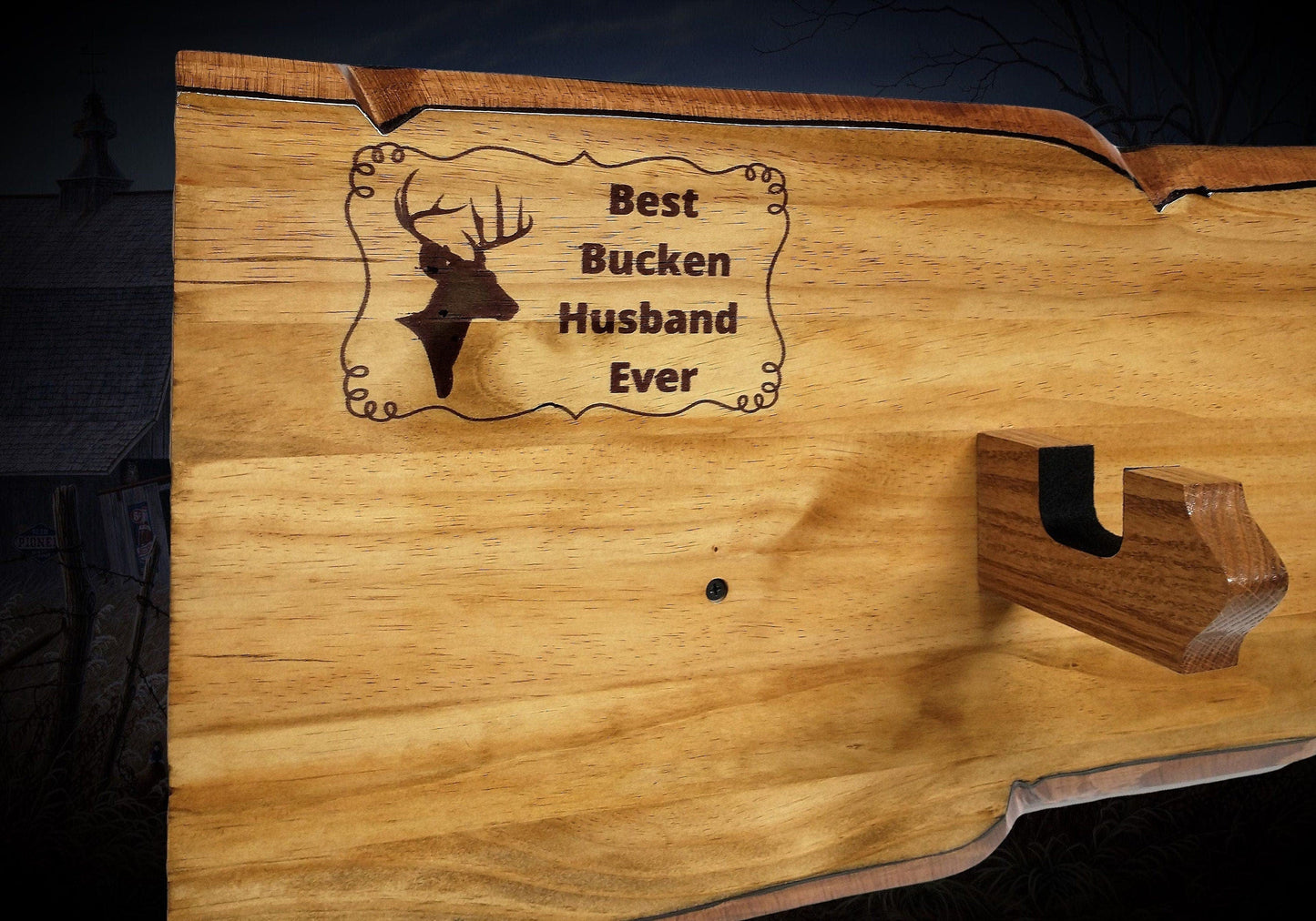 walkerwoodgifts WALL RIFLE RACK, Gun Stand, Best Bucken Husband Ever Engraved Three Tone Brown Finish Live Edge Wood Gun Rack