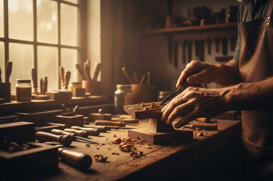Craftsman hands working on a handcrafted wooden display in a warm rustic workshop