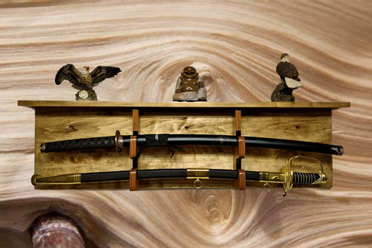 Walker Wood Gifts sword display 2 Tier Wall Shelf Katana Military Sword Display Collectors Gift