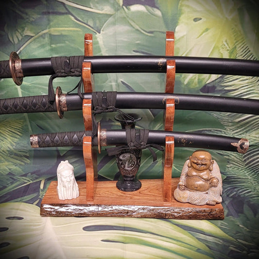 Live Edge Rustic 3 Tier Cherry Samurai Katana Display Stand Collector Gift walkerwoodgifts