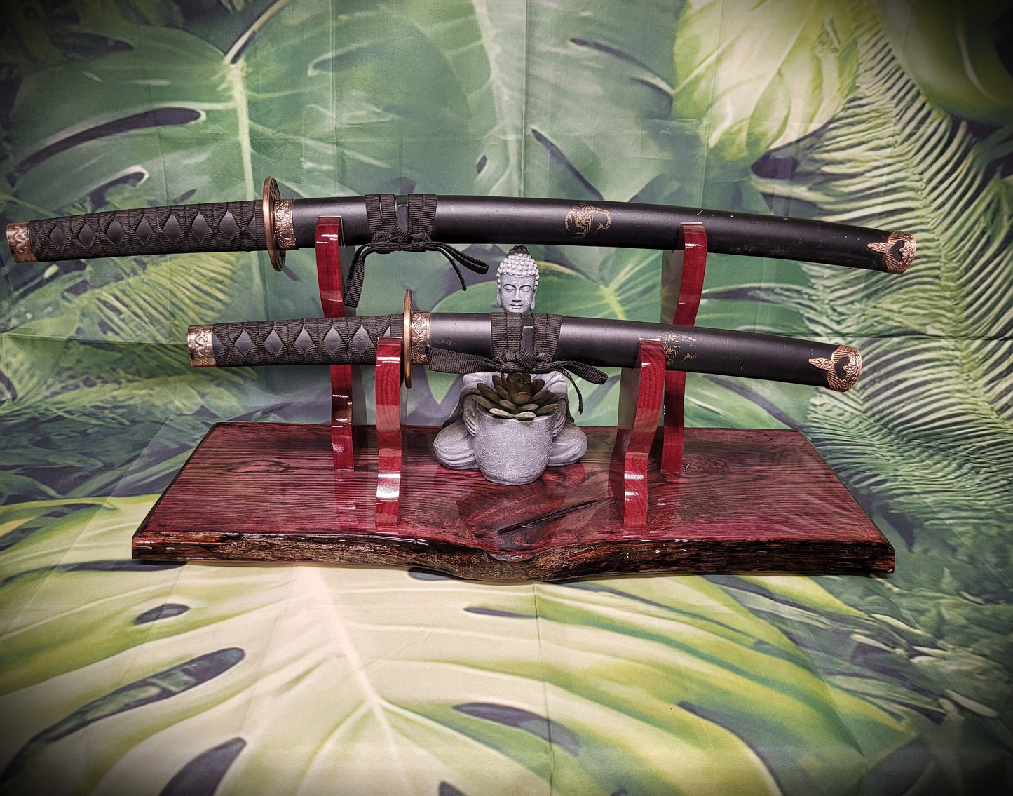 Unique Live Edge Rustic 2 Tier Swamp Oak Purpleheart Samurai Collector Display Gift walkerwoodgifts