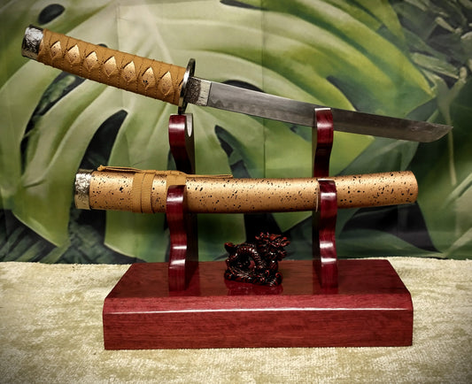 Traditional Exotic Purple Heart K-bar Knife Wakizashi Tanto Dagger and Sheath Display Stand Military Samurai Collectors Veterans Gift