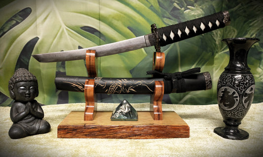 Rustic Live Edge Sword and Sheath Swamp Oak Rosewood Display Stand Samurai Military Collectors Gift