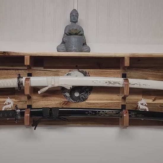 Traditional 2 Tier Katana Acacia Wall Shelf Display Yin Yang White Dragon Dojo Gift