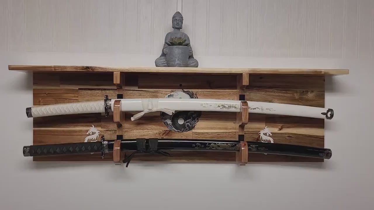 Traditional 2 Tier Katana Acacia Wall Shelf Display Yin Yang White Dragon Dojo Gift