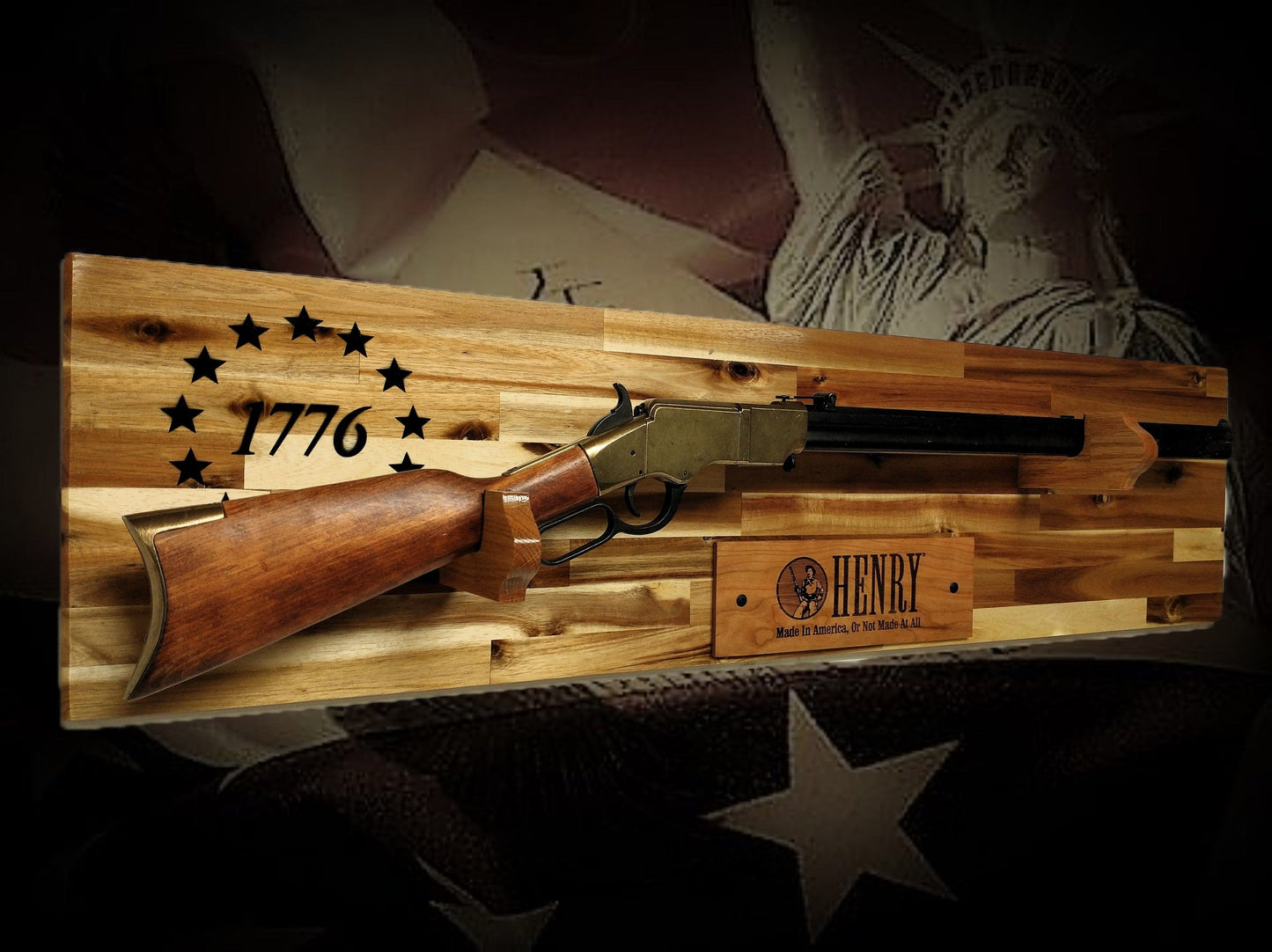 Walker Wood Gifts Bicentennial 1776 Lever Action Henry Rifle Display Cabin Acacia Gun Rack Cabin Décor Collectors Gift