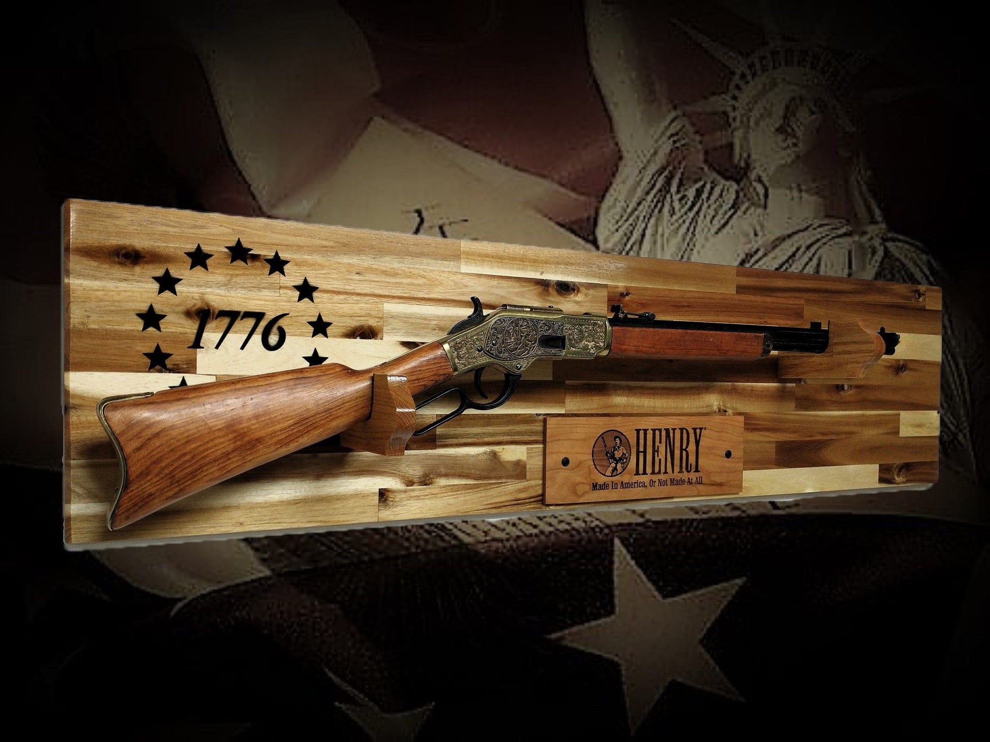 Walker Wood Gifts Bicentennial 1776 Lever Action Henry Rifle Display Cabin Acacia Gun Rack Cabin Décor Collectors Gift