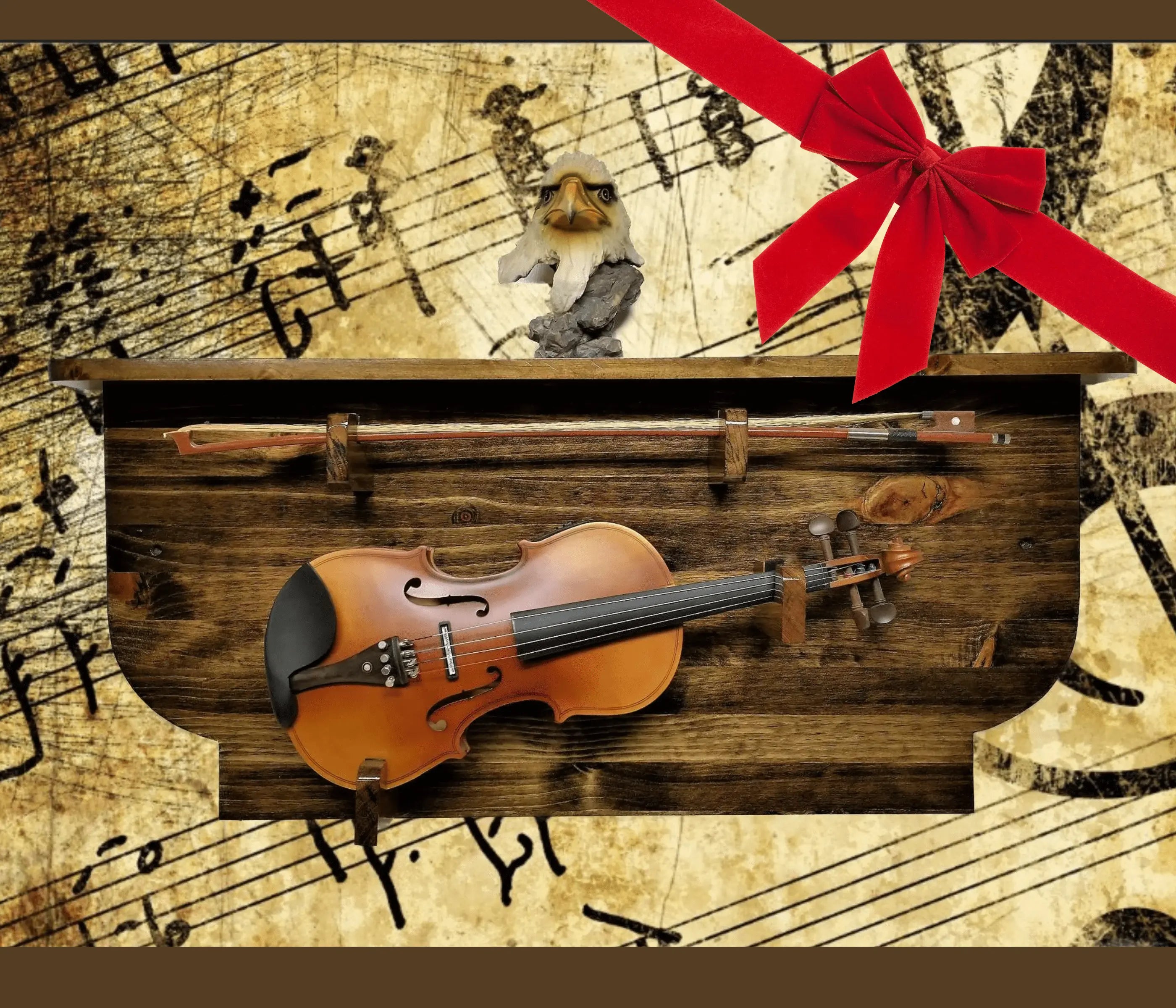 Rustic Fiddle Rustic Violin Display Rack and Shelf Knotty Pine with Walnut Finish