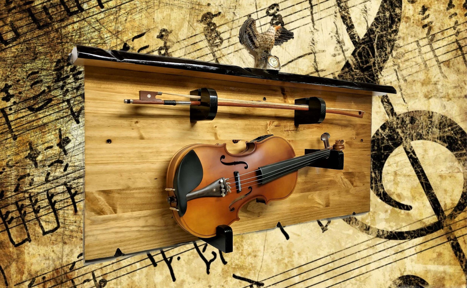 Walker Wood Gifts guitar rack RUSTIC VIOLIN FIDDLE Wall Display With Shelf, Knotty Pine Black Hangers Wall Hanging Decor