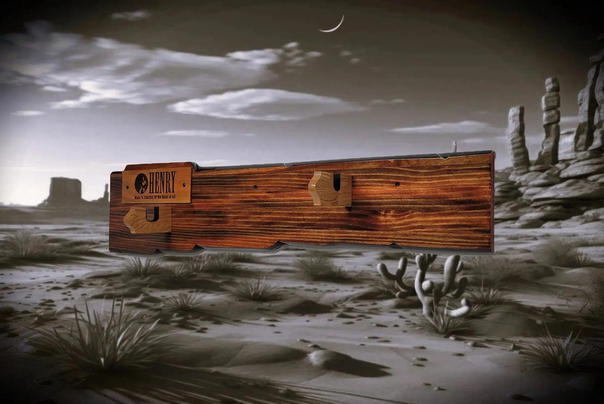 Walker Wood Gifts Gun Display Henry Lever Action Rifle Display Rack | Rustic Tiger Stain Gun Rack | Cherry Henry Plaque | Wall Mount Rifle Display | Walker Wood Gifts