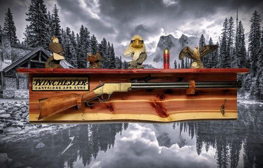 Walker Wood Gifts Gun Display Live Edge Rustic Lever Action Winchester Red Cedar Rifle Display with Shelf Perfect for a Western Farmhouse Gift (Copy)