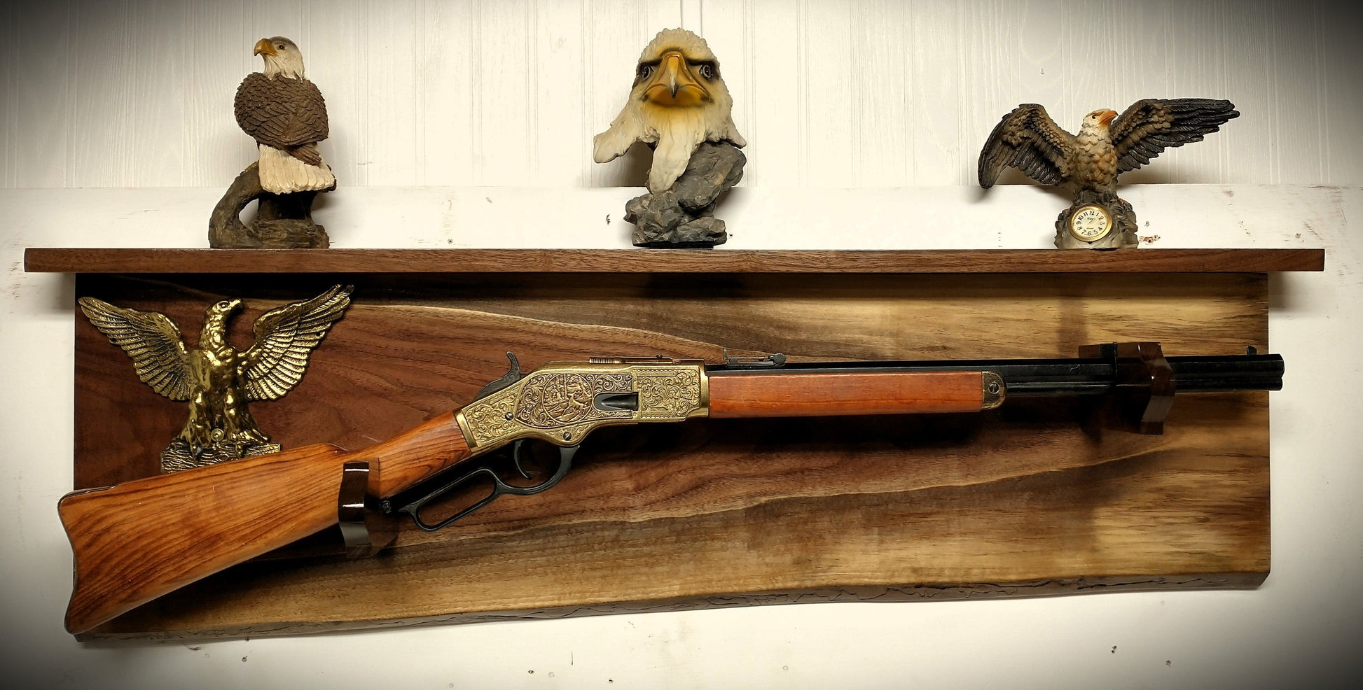 Walker Wood Gifts Gun Display Live Edge Traditional Lever Action Solid Flame Walnut Brass Eagle Rifle Display