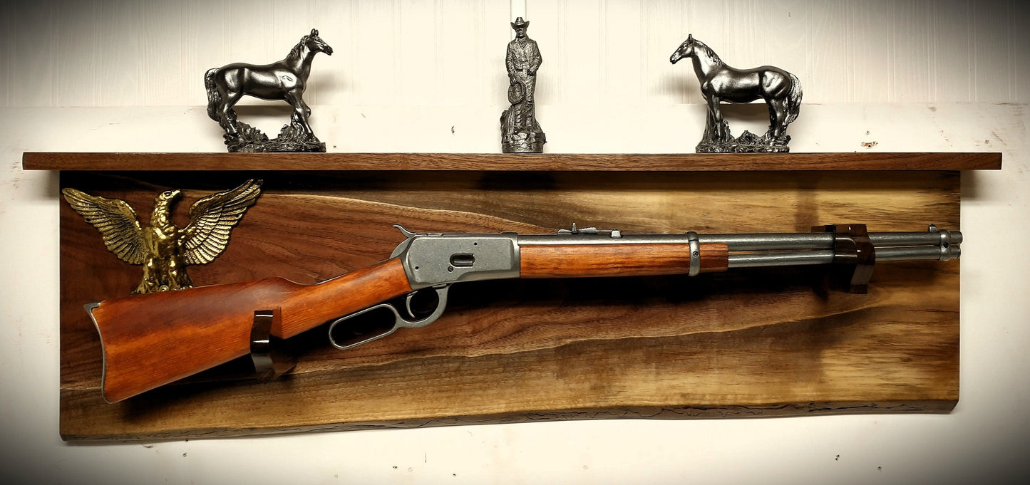 Walker Wood Gifts Gun Display Live Edge Traditional Lever Action Solid Flame Walnut Brass Eagle Rifle Display