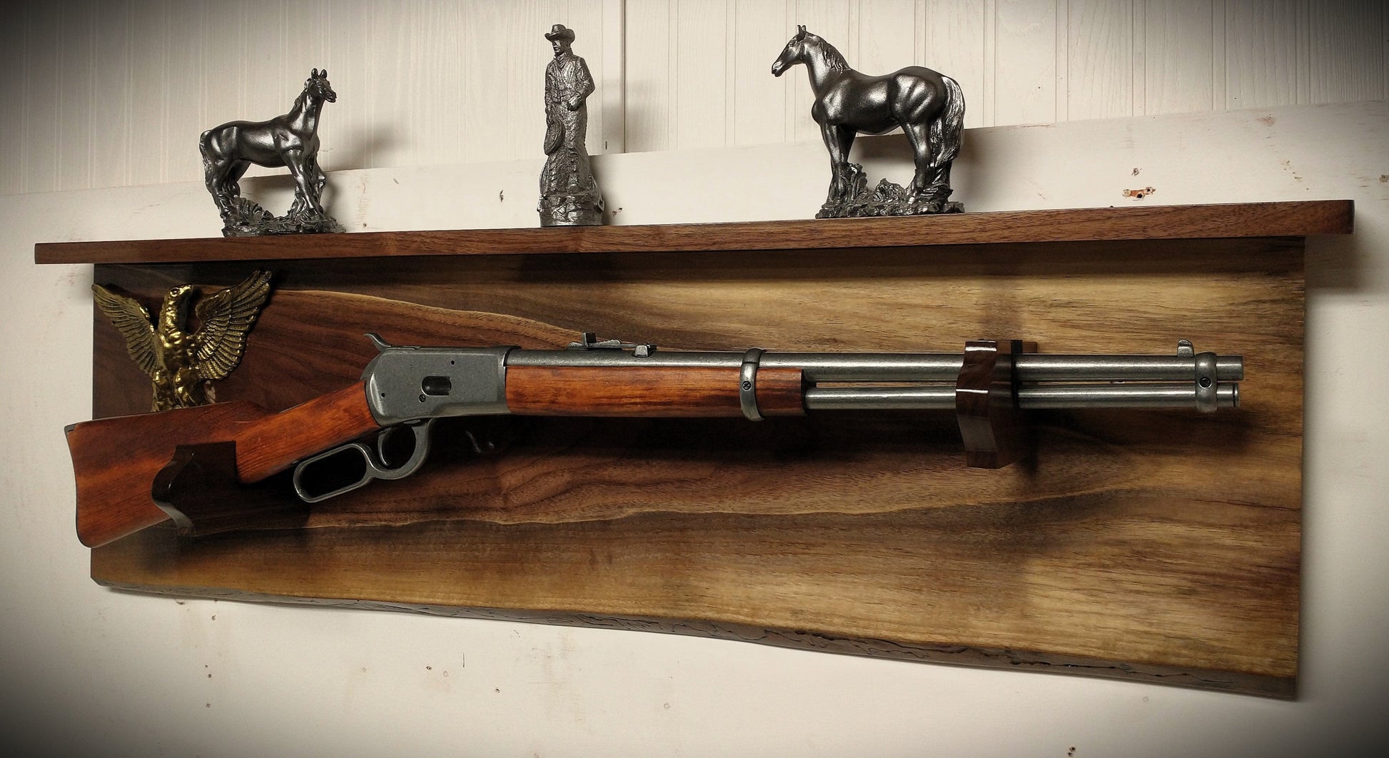 Walker Wood Gifts Gun Display Live Edge Traditional Lever Action Solid Flame Walnut Brass Eagle Rifle Display