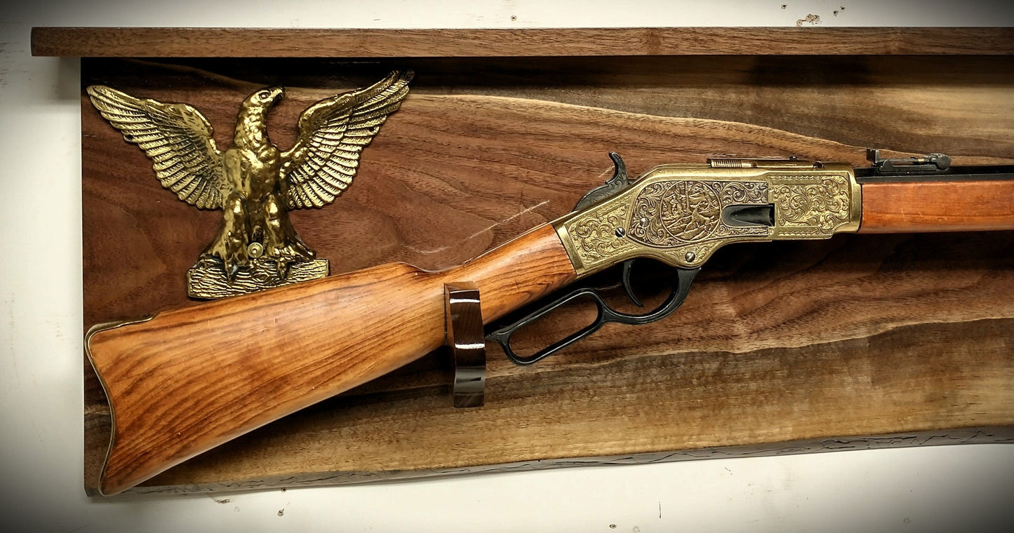 Walker Wood Gifts Gun Display Live Edge Traditional Lever Action Solid Flame Walnut Brass Eagle Rifle Display