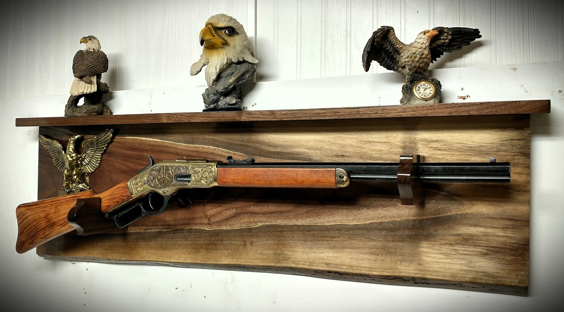 Walker Wood Gifts Gun Display Live Edge Traditional Lever Action Solid Flame Walnut Brass Eagle Rifle Display