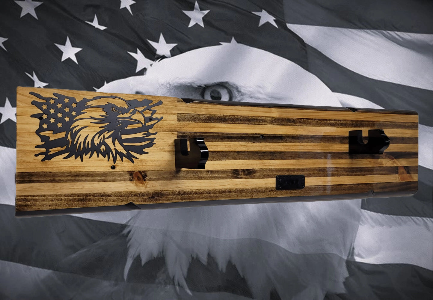 Walker Wood Gifts Gun Display M1 Garand & KA-BAR Wall Display – Knotty Pine Faux Live Edge with Black & White American Flag