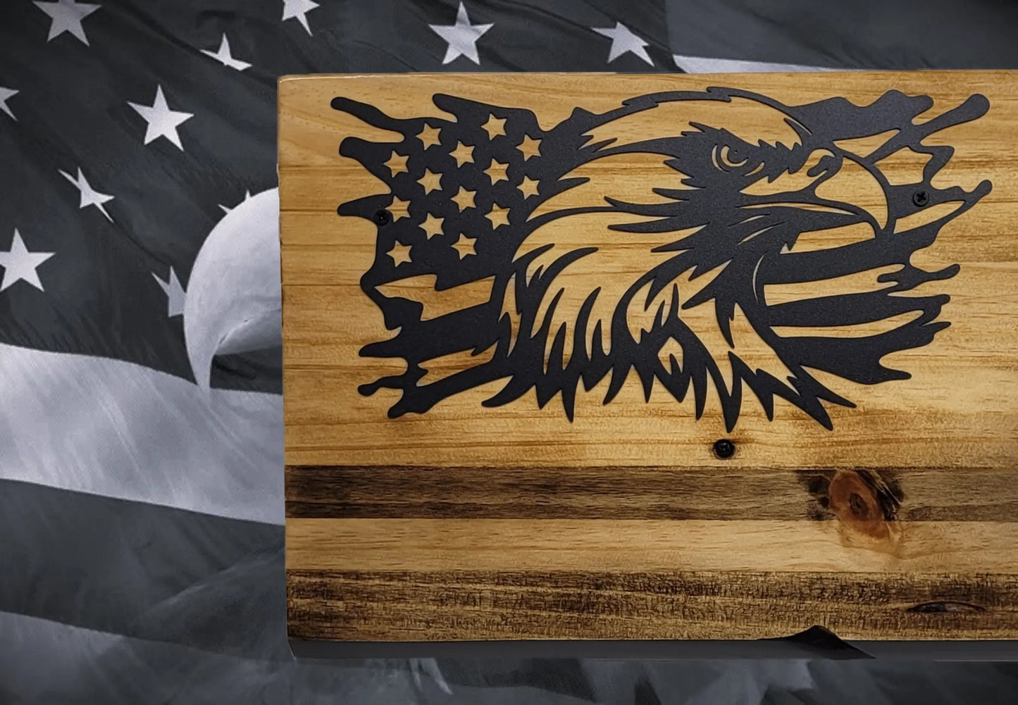 Walker Wood Gifts Gun Display M1 Garand & KA-BAR Wall Display – Knotty Pine Faux Live Edge with Black & White American Flag