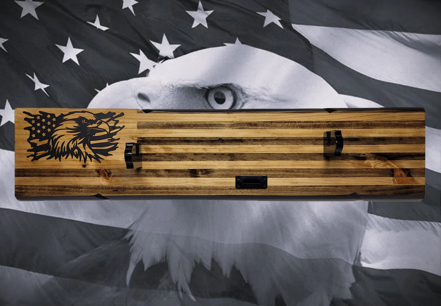 Walker Wood Gifts Gun Display M1 Garand & KA-BAR Wall Display – Knotty Pine Faux Live Edge with Black & White American Flag