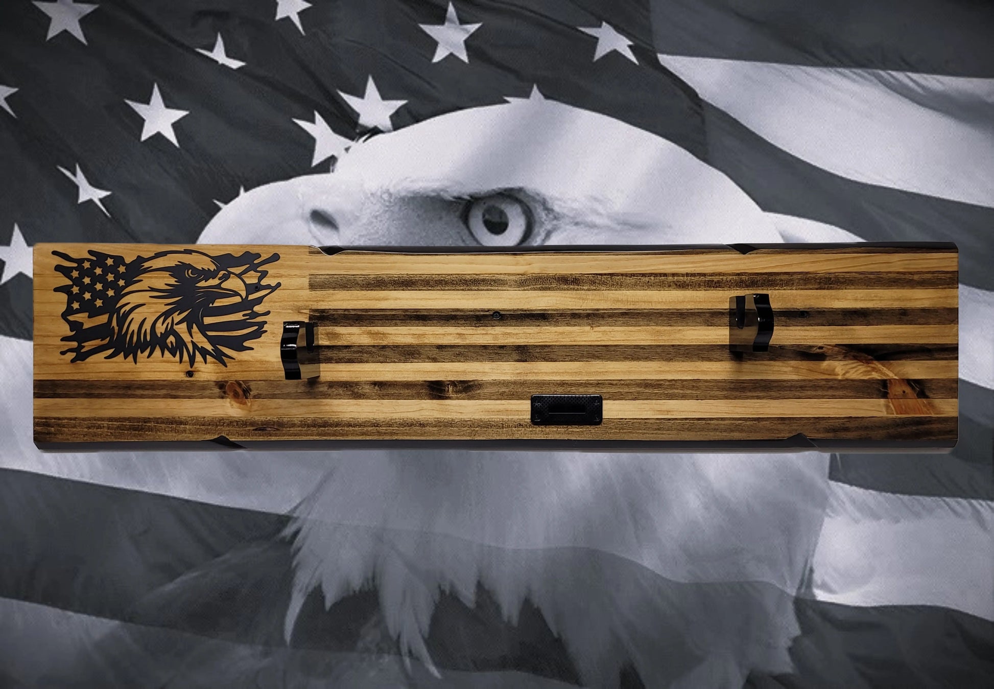 Walker Wood Gifts Gun Display M1 Garand & KA-BAR Wall Display – Knotty Pine Faux Live Edge with Black & White American Flag