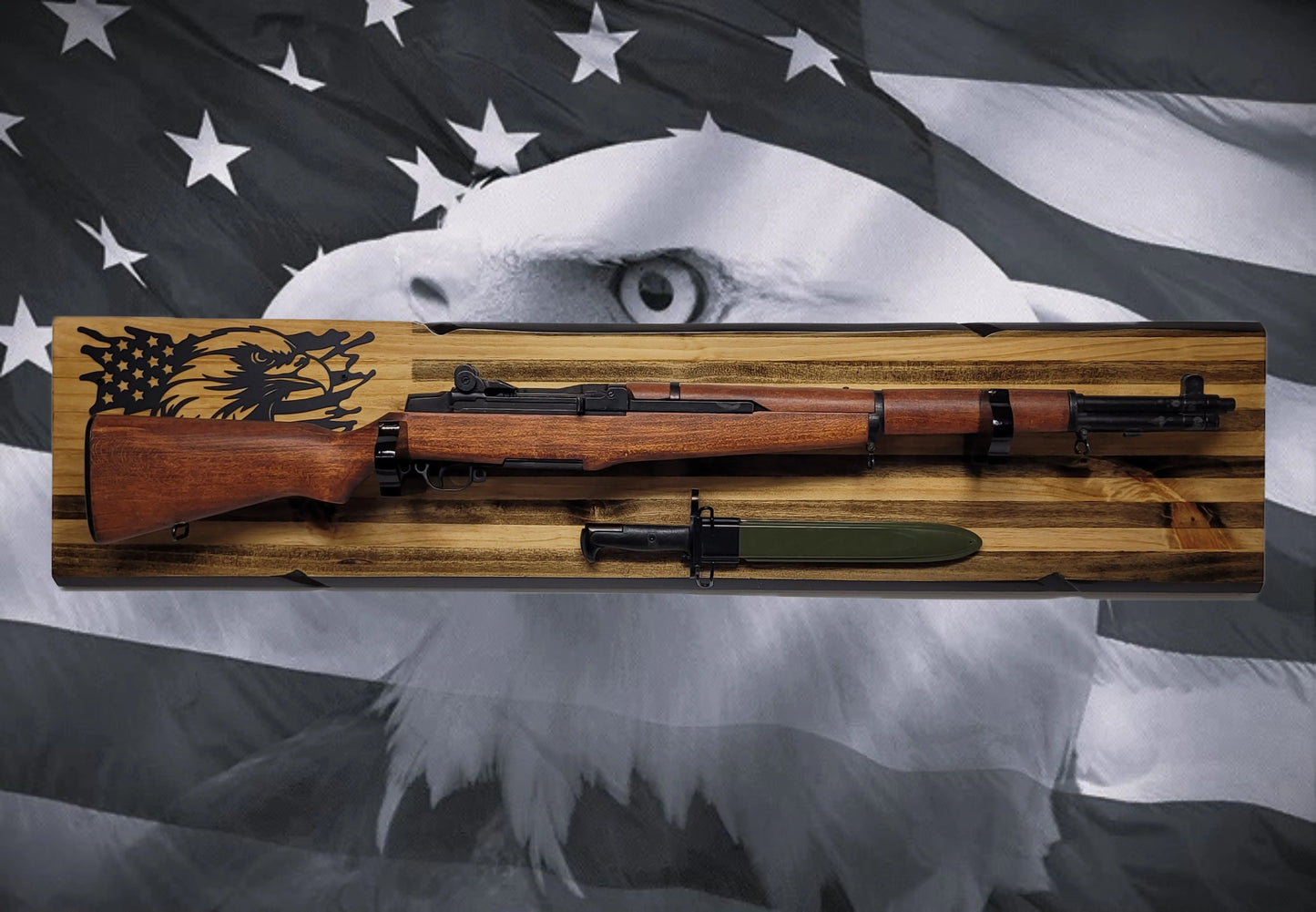 Walker Wood Gifts Gun Display M1 Garand & KA-BAR Wall Display – Knotty Pine Faux Live Edge with Black & White American Flag