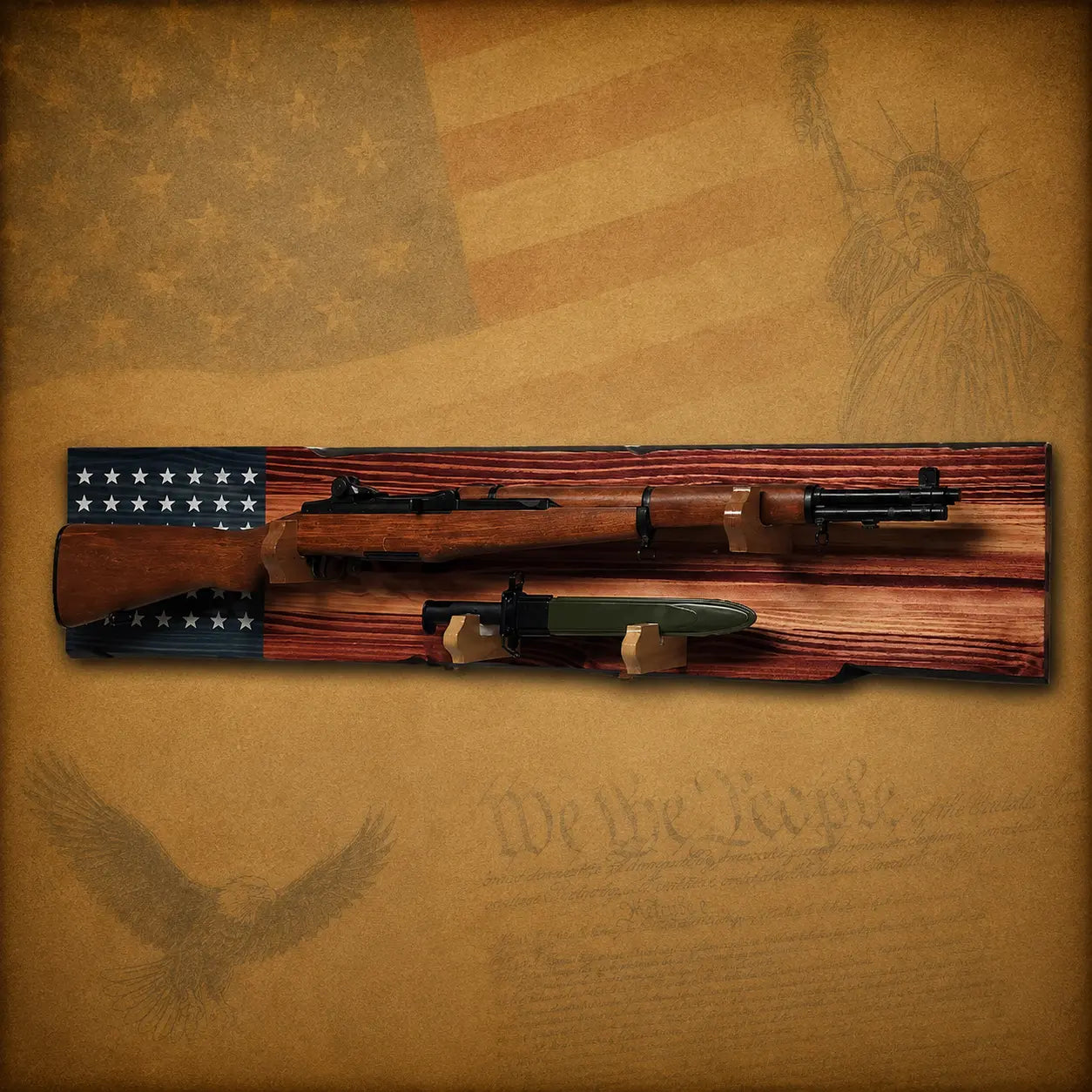 Walker Wood Gifts Gun Display M1 Garand Rifle & K-Bar Display Rack – Handcrafted Old Glory Rustic Gun Display