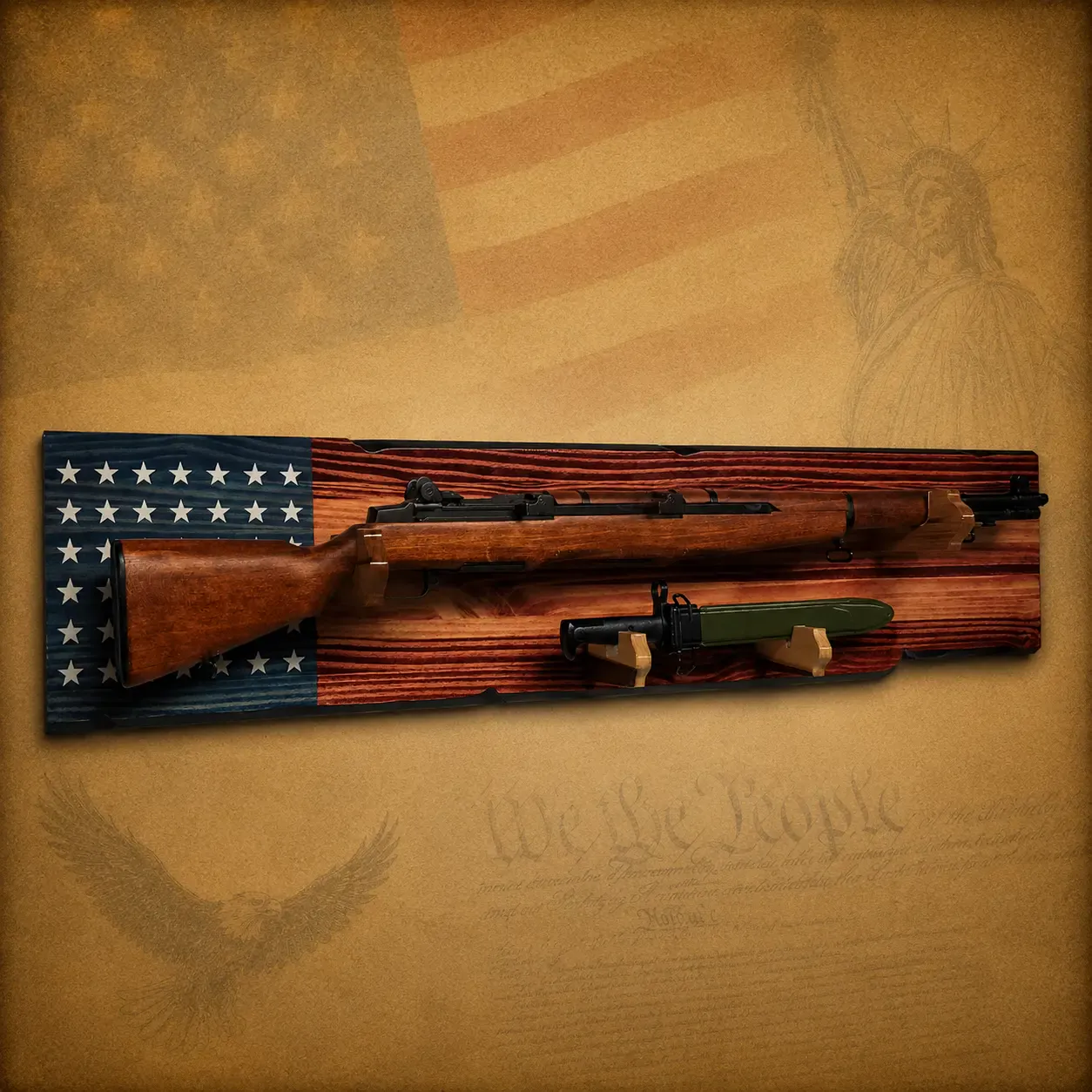 Walker Wood Gifts Gun Display M1 Garand Rifle & K-Bar Display Rack – Handcrafted Old Glory Rustic Gun Display