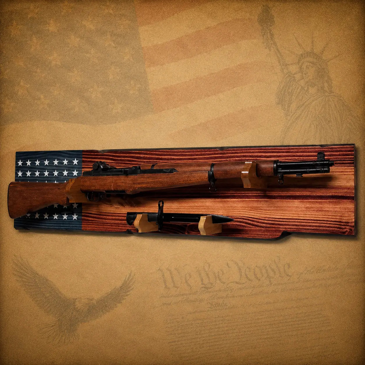 Walker Wood Gifts Gun Display M1 Garand Rifle & K-Bar Display Rack – Handcrafted Old Glory Rustic Gun Display