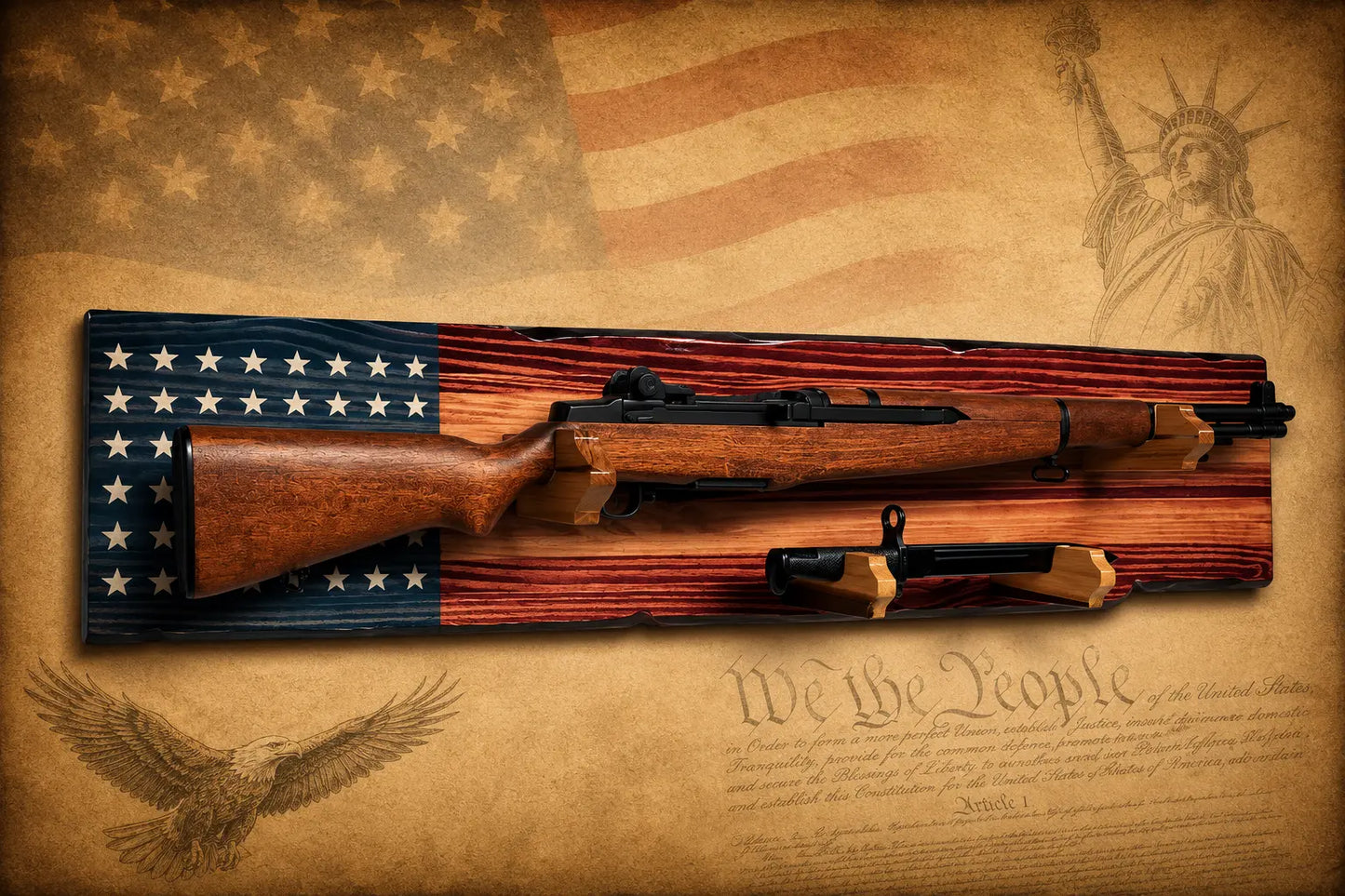 Walker Wood Gifts Gun Display M1 Garand Rifle & K-Bar Display Rack – Handcrafted Old Glory Rustic Gun Display