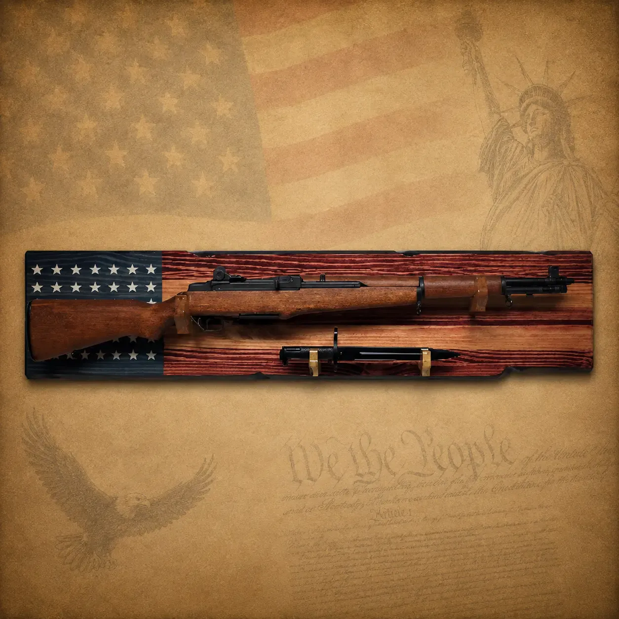 Walker Wood Gifts Gun Display M1 Garand Rifle & K-Bar Display Rack – Handcrafted Old Glory Rustic Gun Display