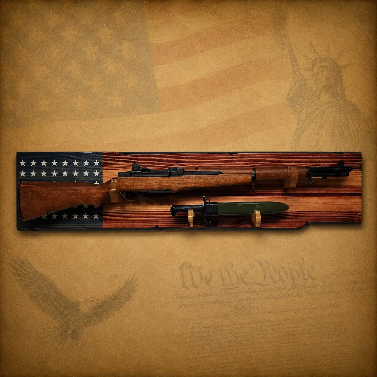 Walker Wood Gifts Gun Display M1 Garand Rifle & K-Bar Display Rack – Handcrafted Old Glory Rustic Gun Display