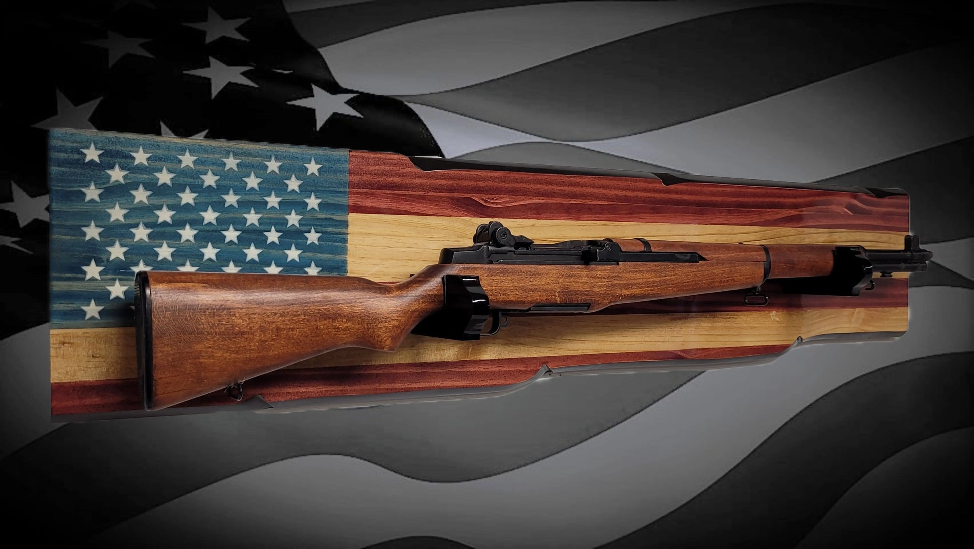 Walker Wood Gifts Gun Display M1 Garand Rifle Wall Display – Handcrafted American Flag Wood Gun Rack