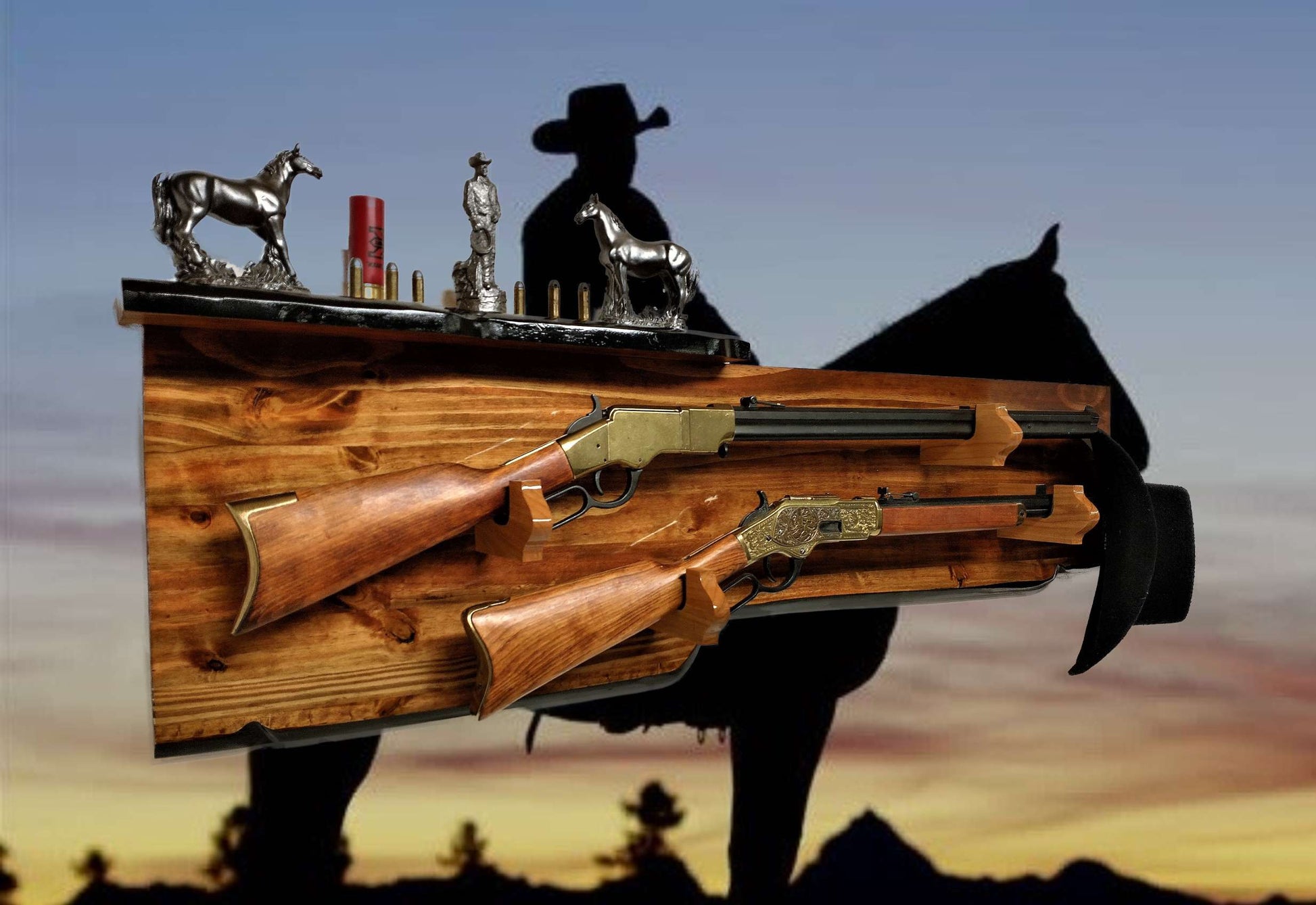 Walker Wood Gifts Gun Display RUSTIC 2 Place Lever Action Shelf Gun Display Hunting Gift Lodge Cabin Cottage Décor