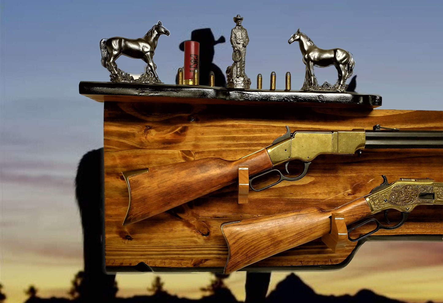 Walker Wood Gifts Gun Display RUSTIC 2 Place Lever Action Shelf Gun Display Hunting Gift Lodge Cabin Cottage Décor