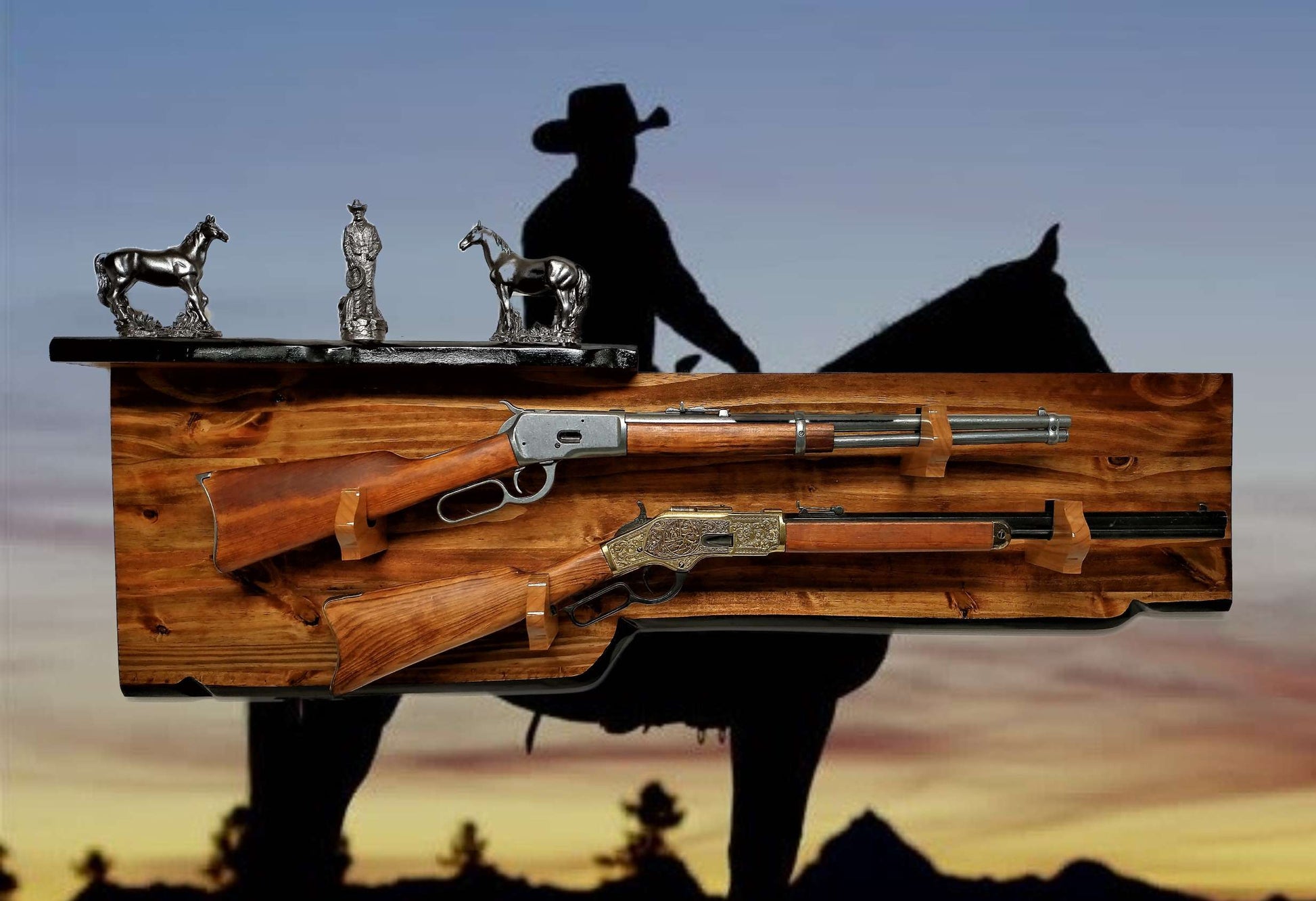 Walker Wood Gifts Gun Display RUSTIC 2 Place Lever Action Shelf Gun Display Hunting Gift Lodge Cabin Cottage Décor