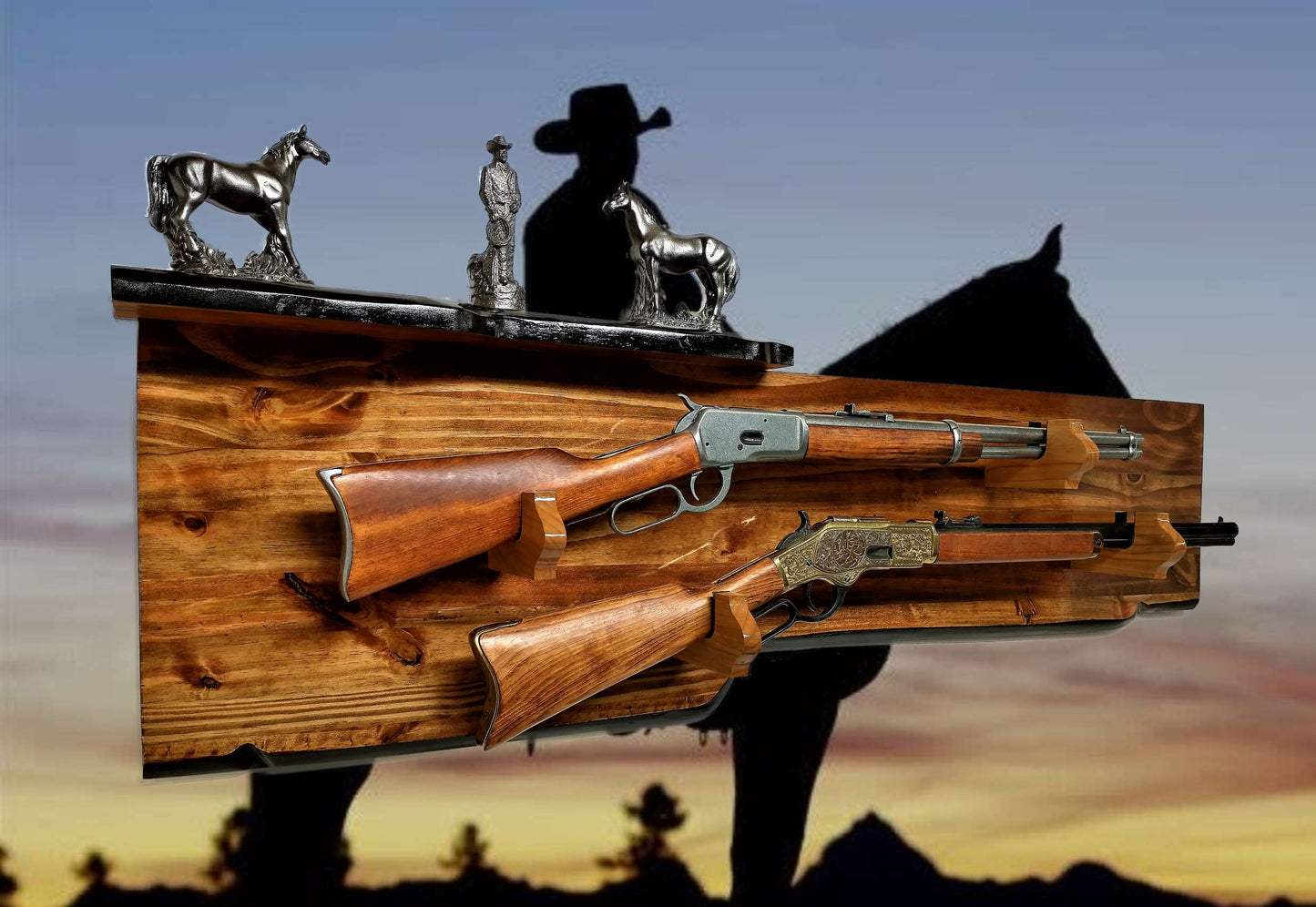 Walker Wood Gifts Gun Display RUSTIC 2 Place Lever Action Shelf Gun Display Hunting Gift Lodge Cabin Cottage Décor