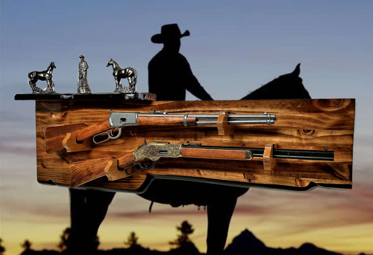 Walker Wood Gifts Gun Display RUSTIC 2 Place Lever Action Shelf Gun Display Hunting Gift Lodge Cabin Cottage Décor