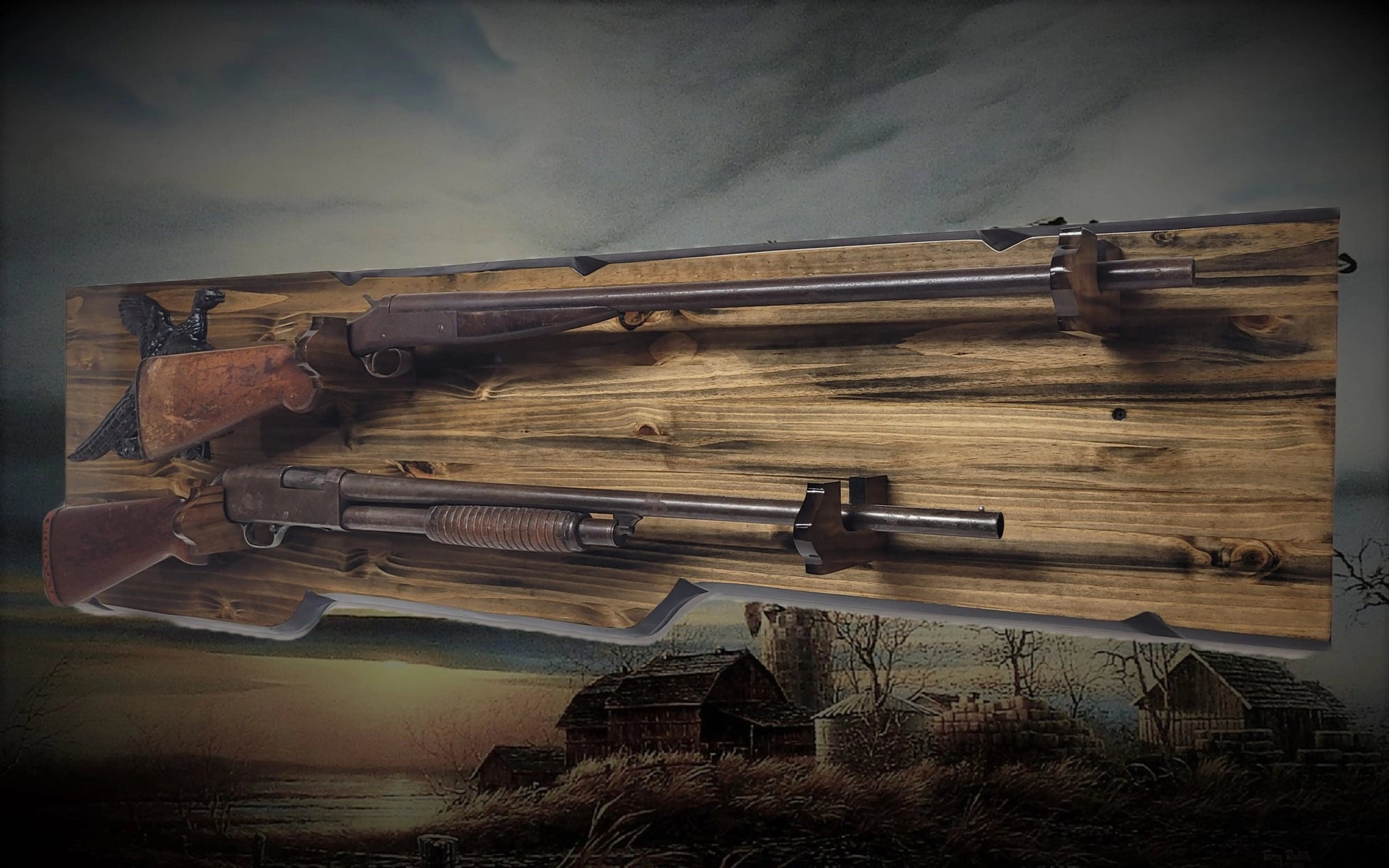 Walker Wood Gifts Gun Display Rustic 2 Place Shotgun Aspen Rifle Display Eagle Collector Decor Gift