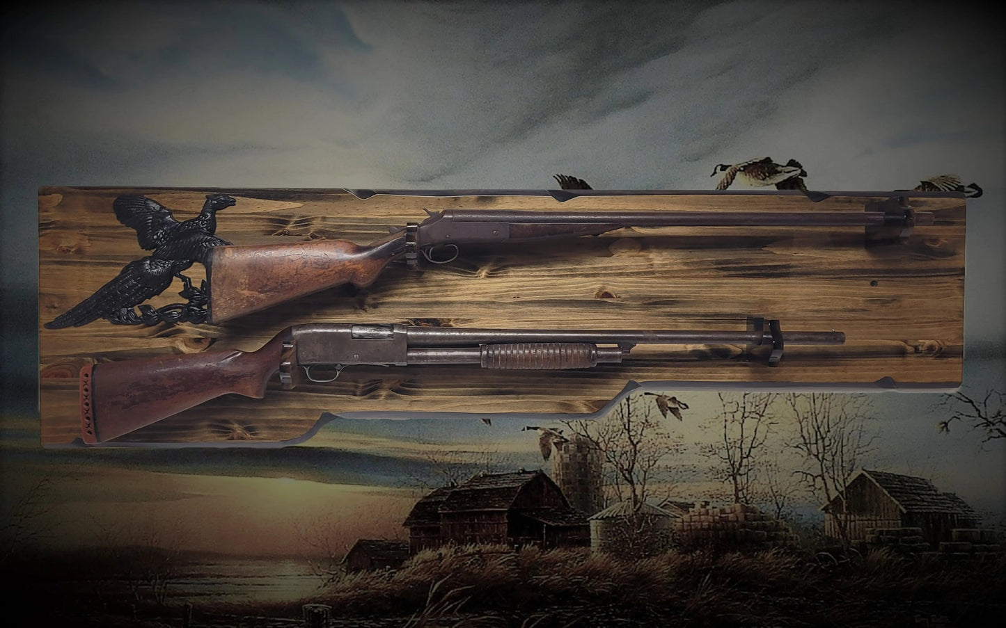 Walker Wood Gifts Gun Display Rustic 2 Place Shotgun Aspen Rifle Display Eagle Collector Decor Gift