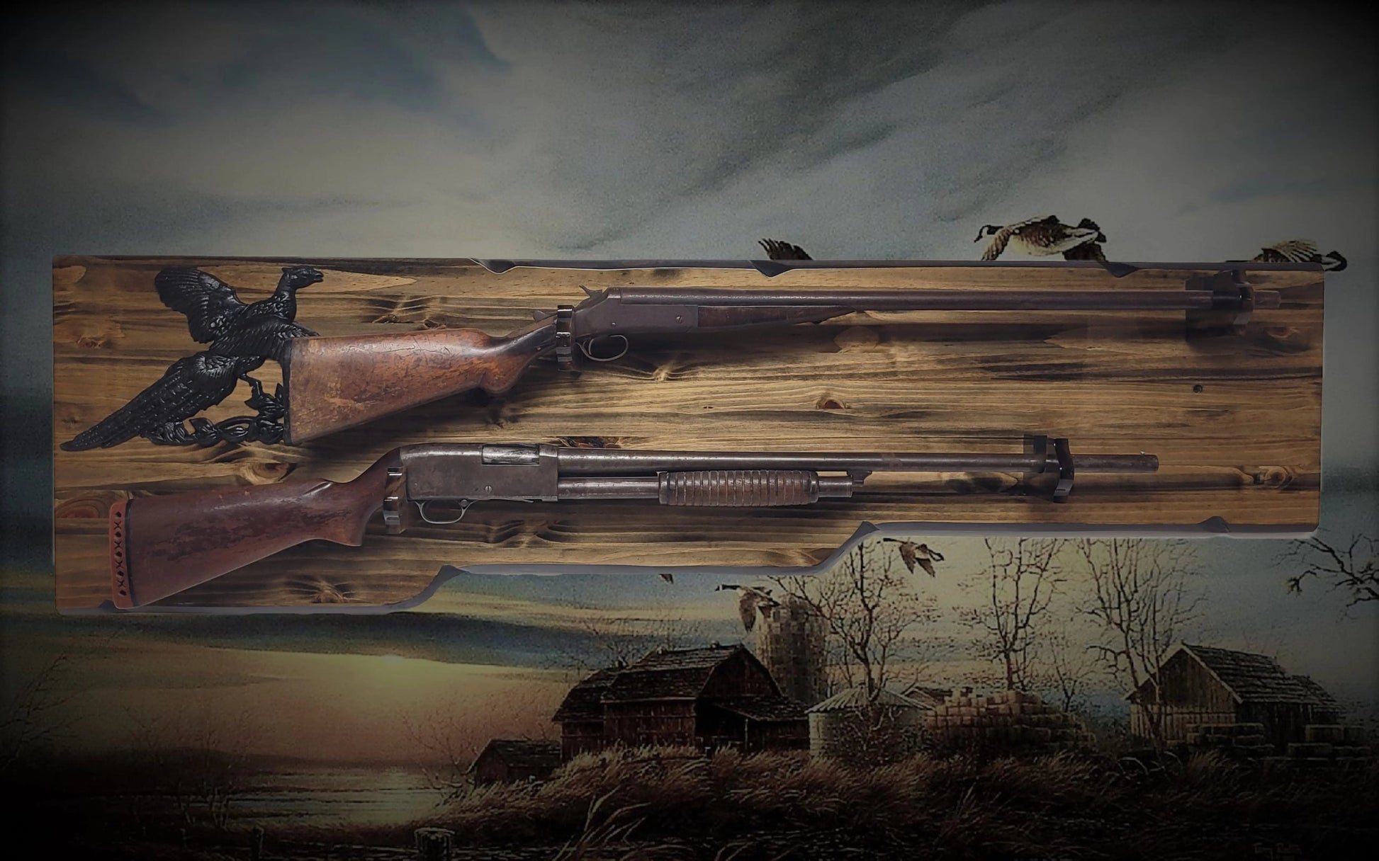 Walker Wood Gifts Gun Display Rustic 2 Place Shotgun Aspen Rifle Display Eagle Collector Decor Gift