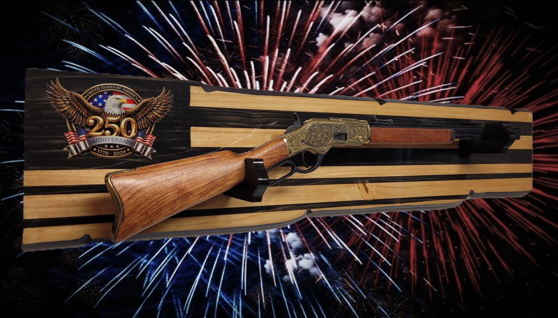 Walker Wood Gifts Gun Display Rustic 250th Bicentennial Lever Action Gun Display Faux Live Edge Knotty Pine Collectors Gift