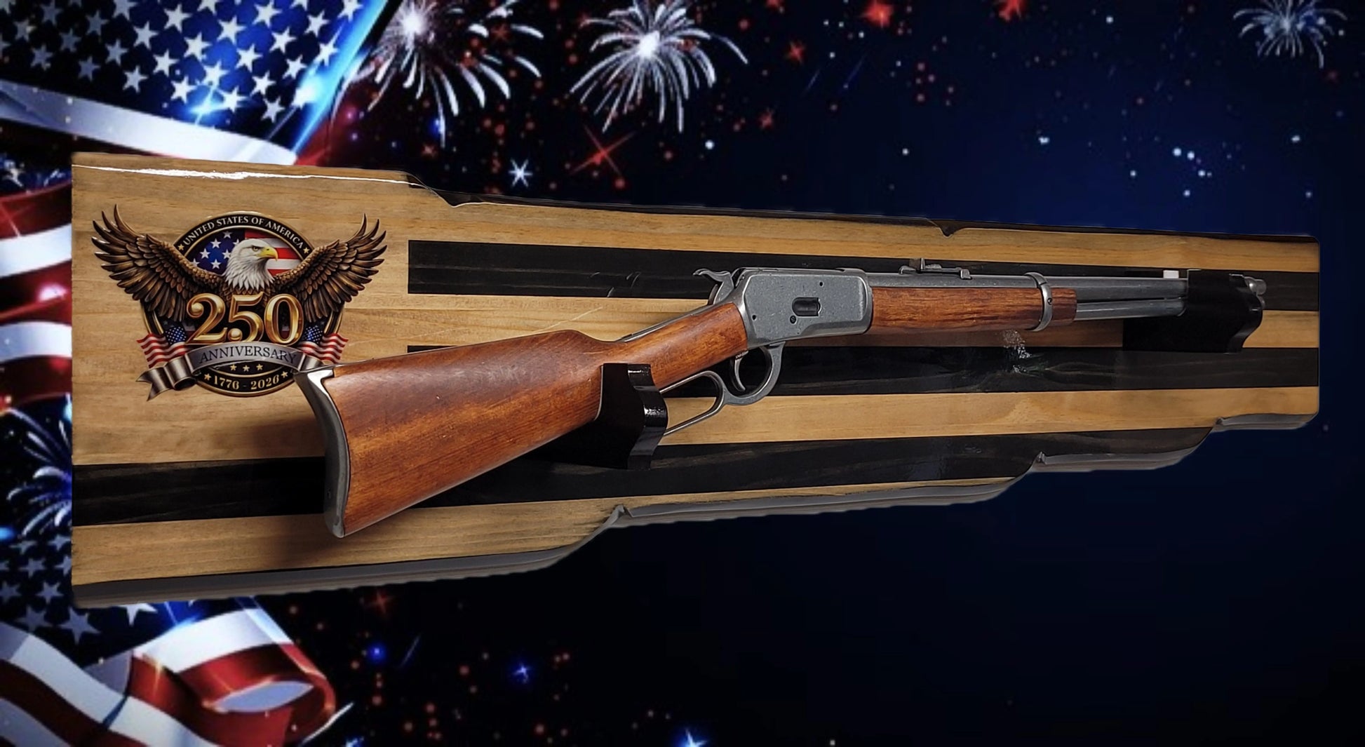 Walker Wood Gifts Gun Display Rustic 250th Bicentennial Lever Action Gun Display Faux Live Edge Pine Collectors Gift