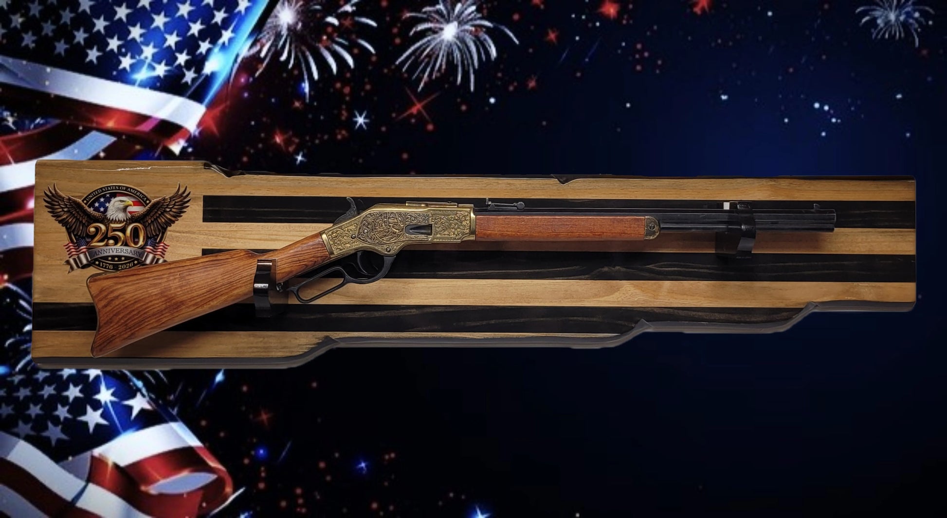 Walker Wood Gifts Gun Display Rustic 250th Bicentennial Lever Action Gun Display Faux Live Edge Pine Collectors Gift