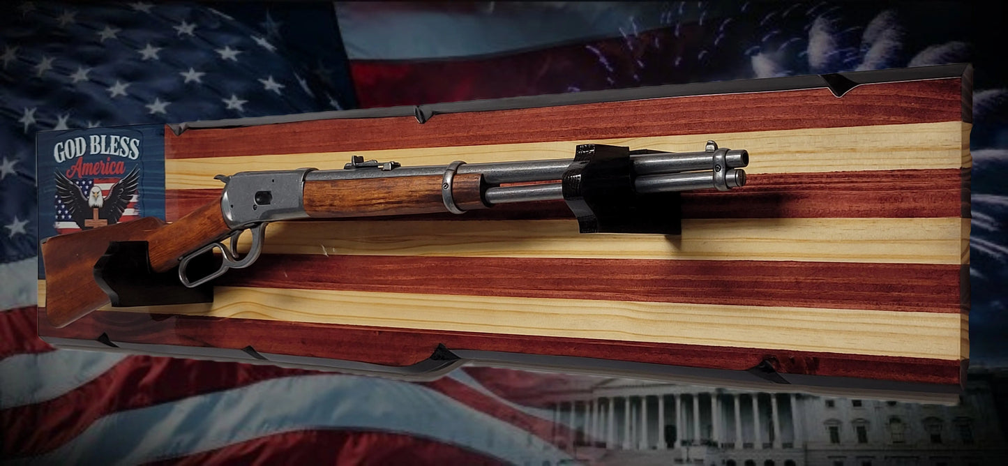 Walker Wood Gifts Gun Display Rustic 250th Freedom American Flag Lever Action Gun Display Faux Live Edge Pine