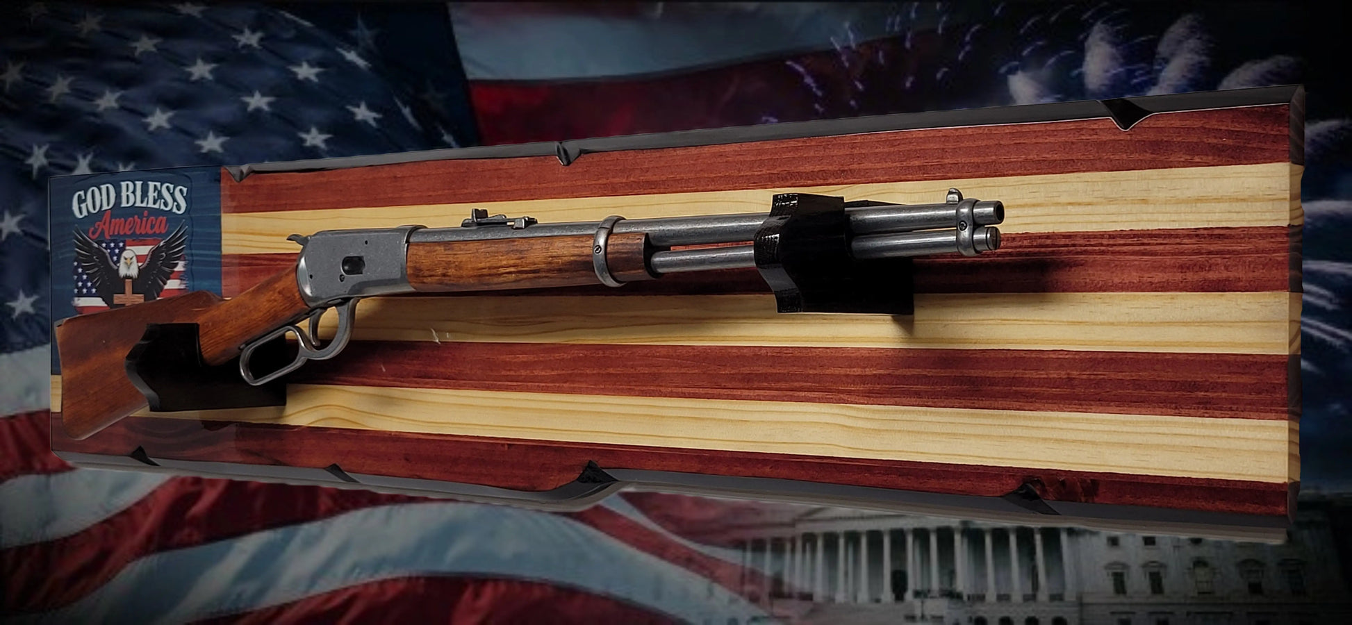 Walker Wood Gifts Gun Display Rustic 250th Freedom American Flag Lever Action Gun Display Faux Live Edge Pine