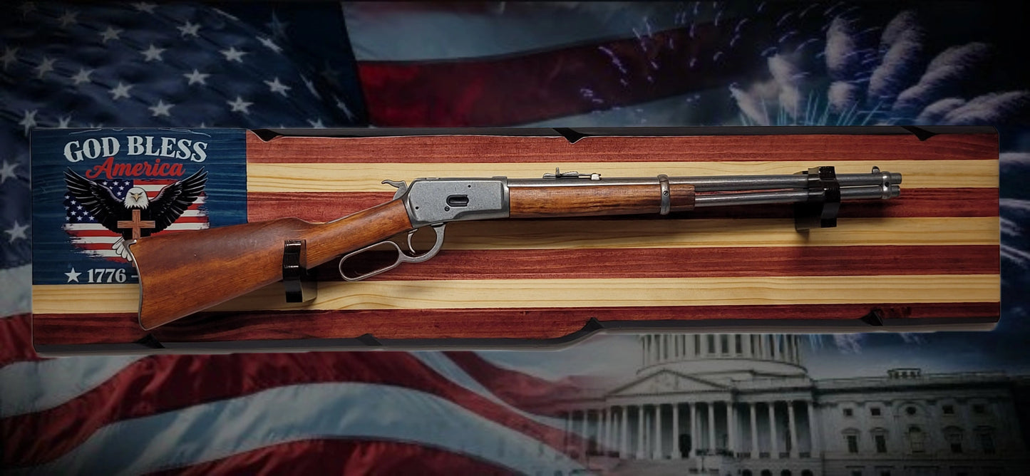 Walker Wood Gifts Gun Display Rustic 250th Freedom American Flag Lever Action Gun Display Faux Live Edge Pine