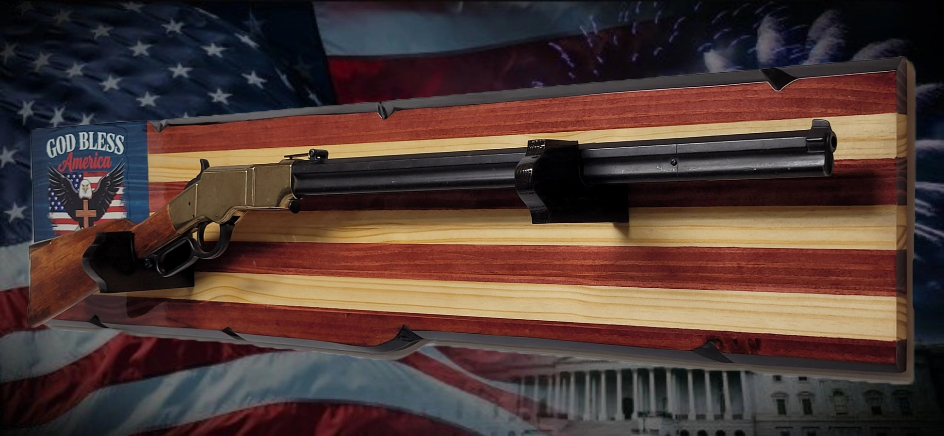 Walker Wood Gifts Gun Display Rustic 250th Freedom American Flag Lever Action Gun Display Faux Live Edge Pine