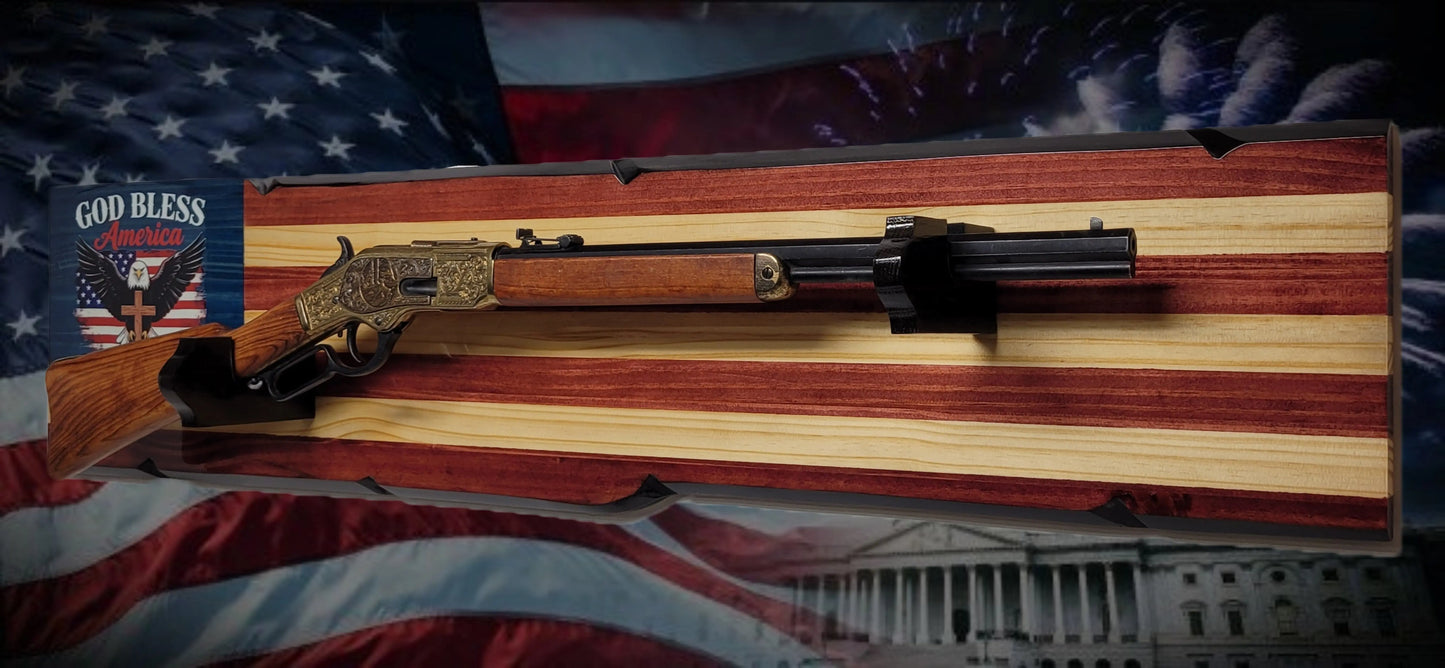 Walker Wood Gifts Gun Display Rustic 250th Freedom American Flag Lever Action Gun Display Faux Live Edge Pine