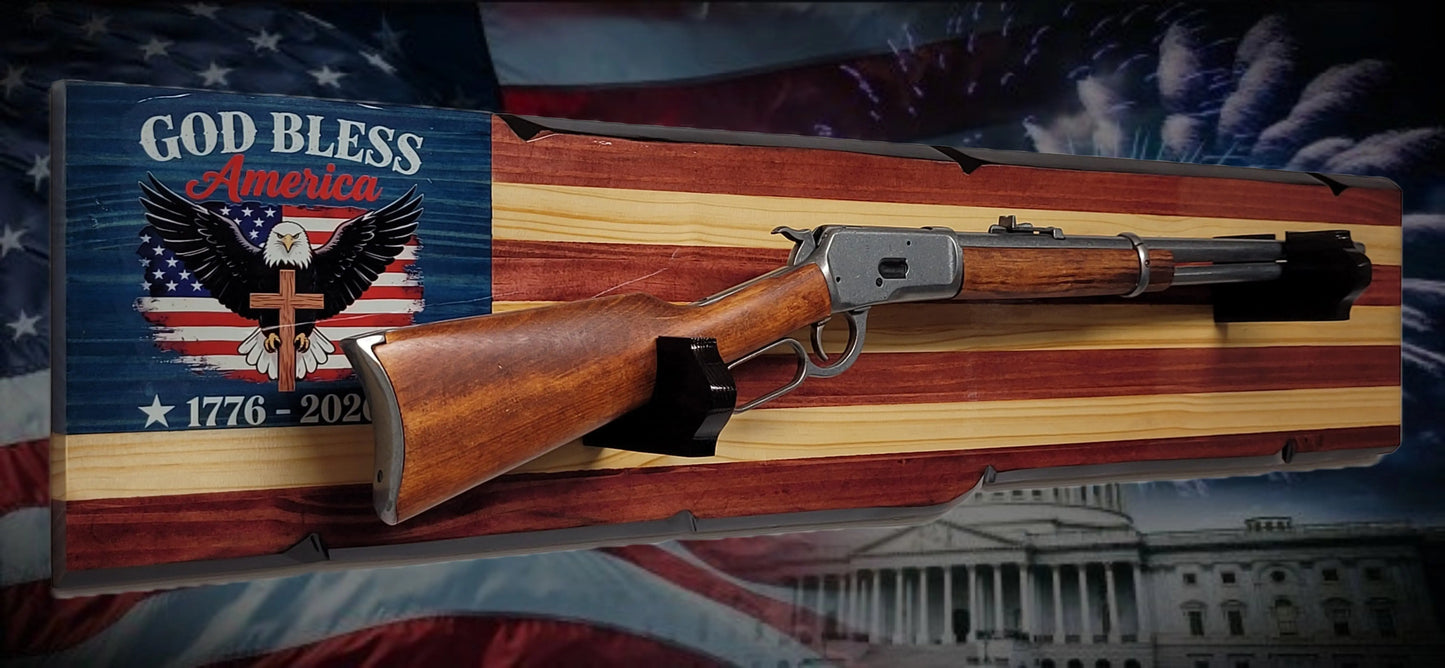 Walker Wood Gifts Gun Display Rustic 250th Freedom American Flag Lever Action Gun Display Faux Live Edge Pine