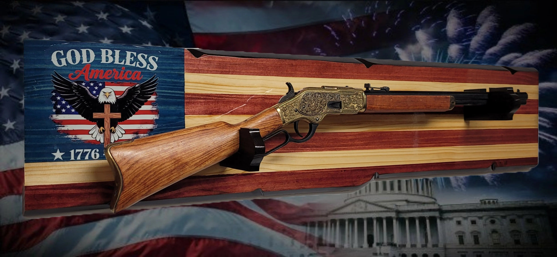 Walker Wood Gifts Gun Display Rustic 250th Freedom American Flag Lever Action Gun Display Faux Live Edge Pine